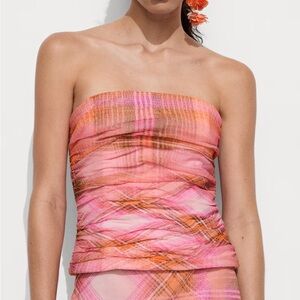 Pink and Orange Plaid Checked Print Strapless Top